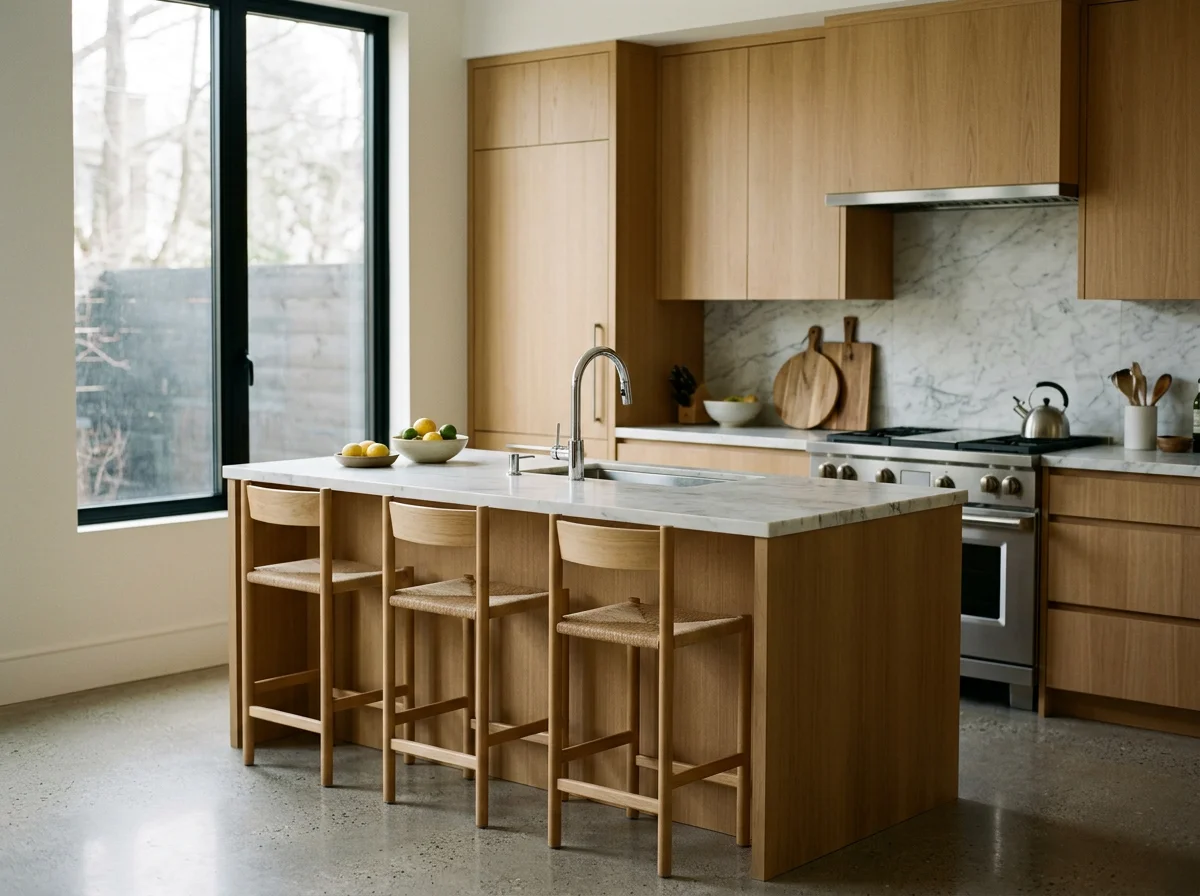 Kitchen with a wooden island and four matching chairs, a large window, marble backsplash, stove with a kettle, bowls of lemons, and wooden cutting boards.