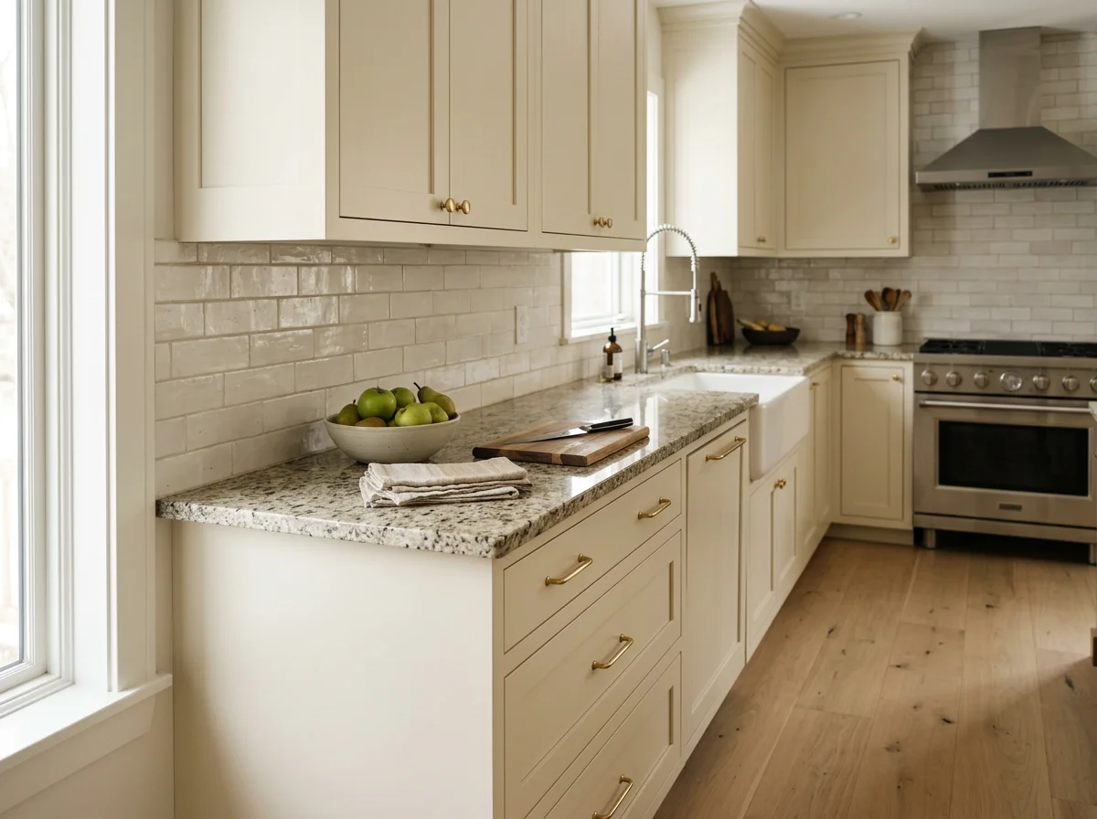 Kitchen with beige cabinets, granite countertops, and white brick backsplash. Contains a bowl of green apples, cutting board with a knife, and a soap dispenser near the sink. Stainless steel oven and range with a vent hood, and wooden floor.