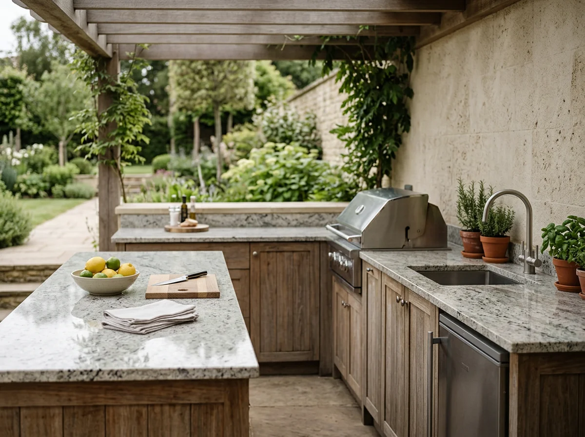 Outdoor kitchen with granite countertops, wooden cabinets, a built-in grill, potted herbs, lemons and limes in a bowl, a cutting board with a knife, and a towel, with a lush garden in the background.