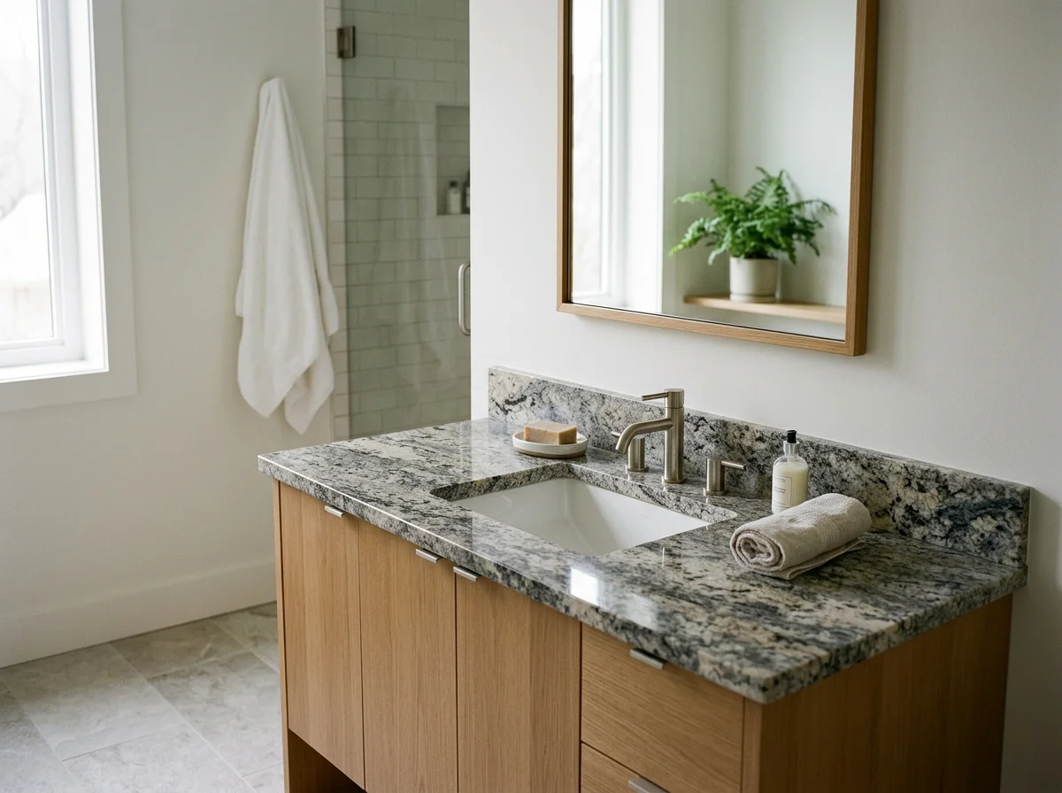 Bathroom with granite countertop vanity, mirror, soap, towel, plant, window, and shower with glass door.