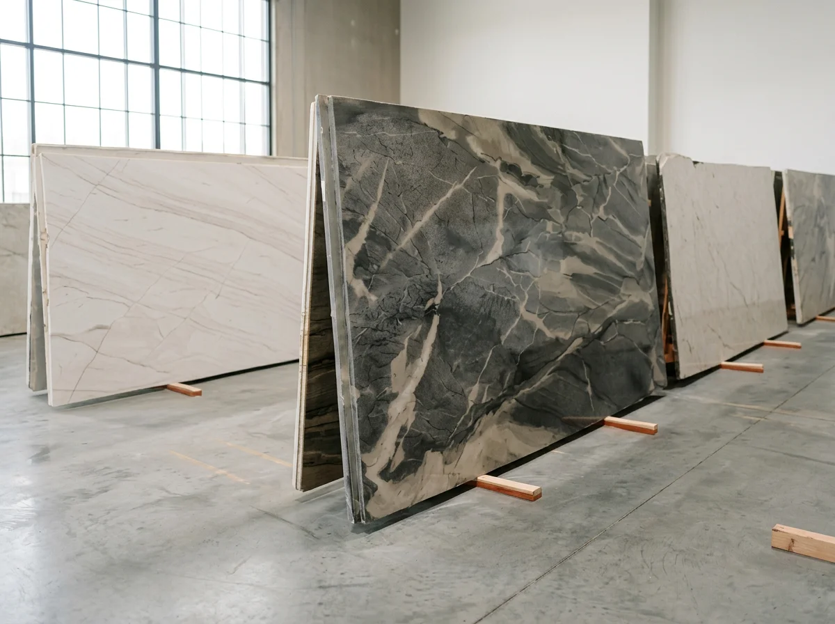 Several large marble slabs positioned on wooden supports inside a spacious industrial warehouse with large windows.