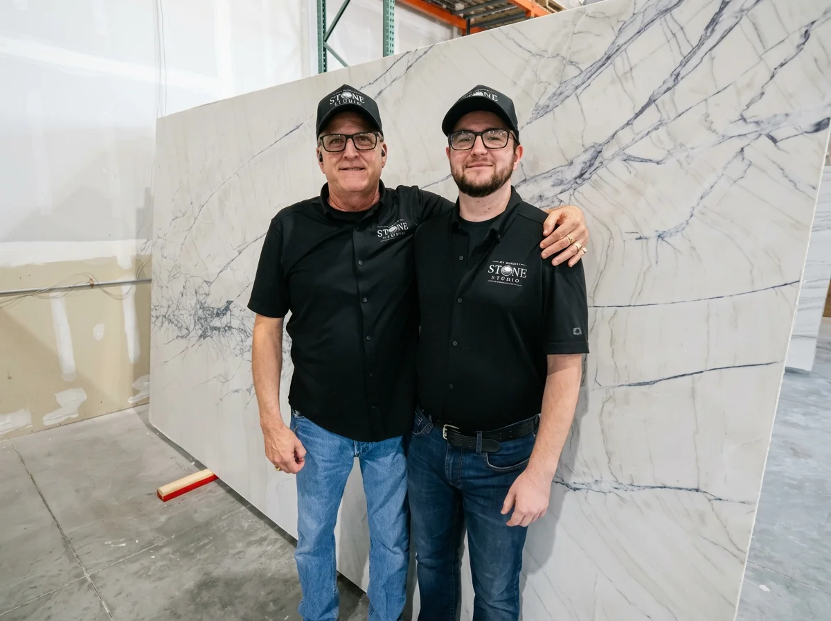 Two men wearing black shirts and caps with 'Stone Studio' logo, standing together in front of a large marble slab, smiling at the camera.