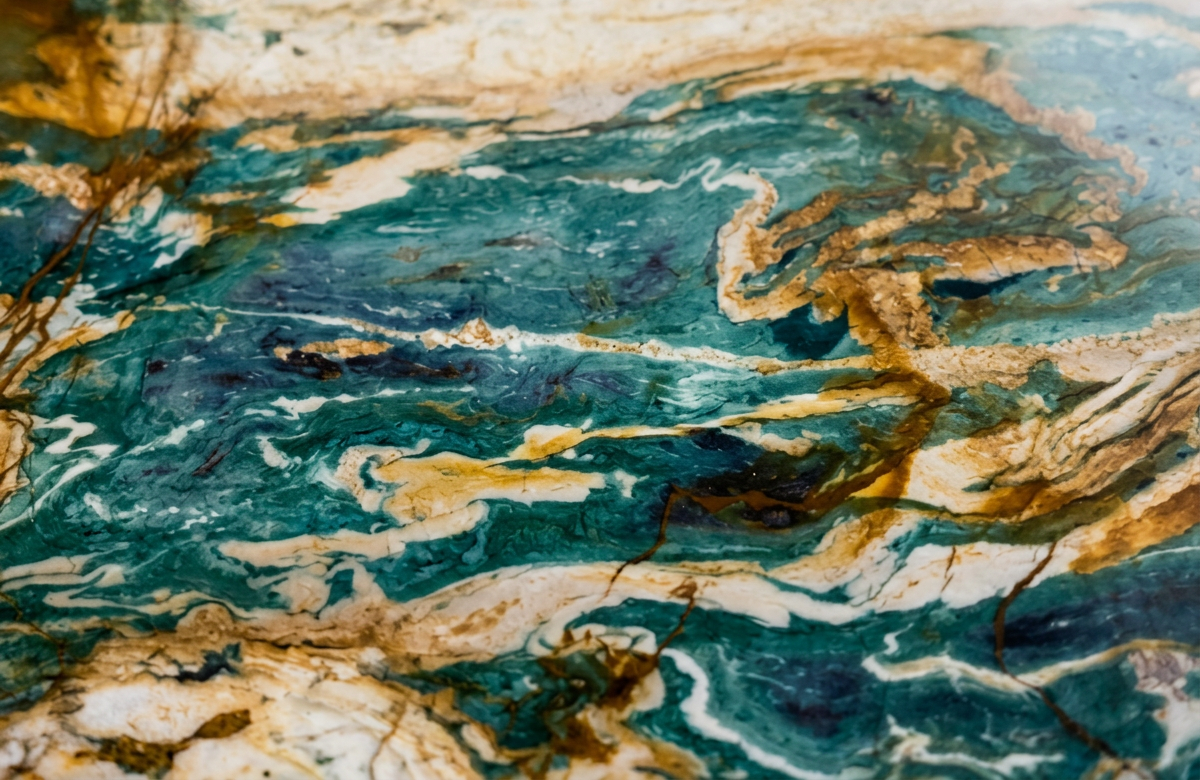 Close-up of a textured soap with swirling patterns in shades of blue, white, beige, and brown, resembling a marble design.