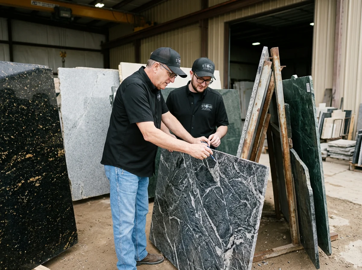 St. George Stone Studio team inspecting a granite slab in our St. George, Utah showroom