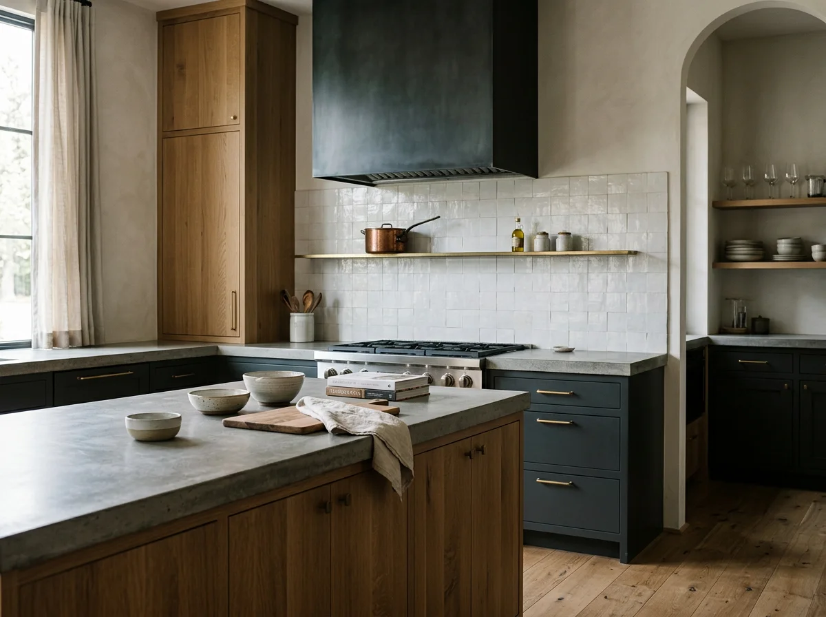 A modern kitchen with wooden and dark blue cabinets, a concrete countertop, and a stovetop with a copper pot. There are bowls, cutting boards, and books on the counter. Open shelves display glasses and dishes, and a window with curtains is on the left.