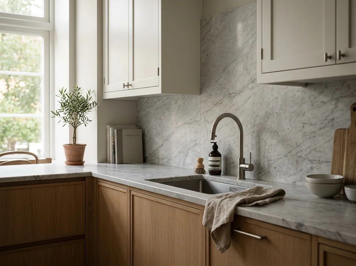 Kitchen with light grey cabinets, a marble countertop, and a marble backsplash. There is a potted plant near the window, books, a soap dispenser, and a small brush on the counter, with a beige cloth hanging over the sink.