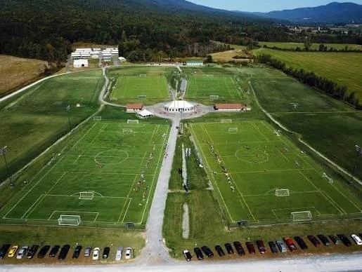 Aerial view of Golden Goal Sports Park soccer fields in Fort Ann, NY