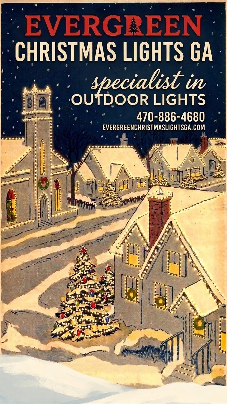 A Christmas lights display advertisement featuring a snowy village scene with houses and a church decorated with Christmas lights, and a lit Christmas tree in the foreground. The text promotes Evergreen Christmas Lights GA, a specialist in outdoor lights, with contact information and website.