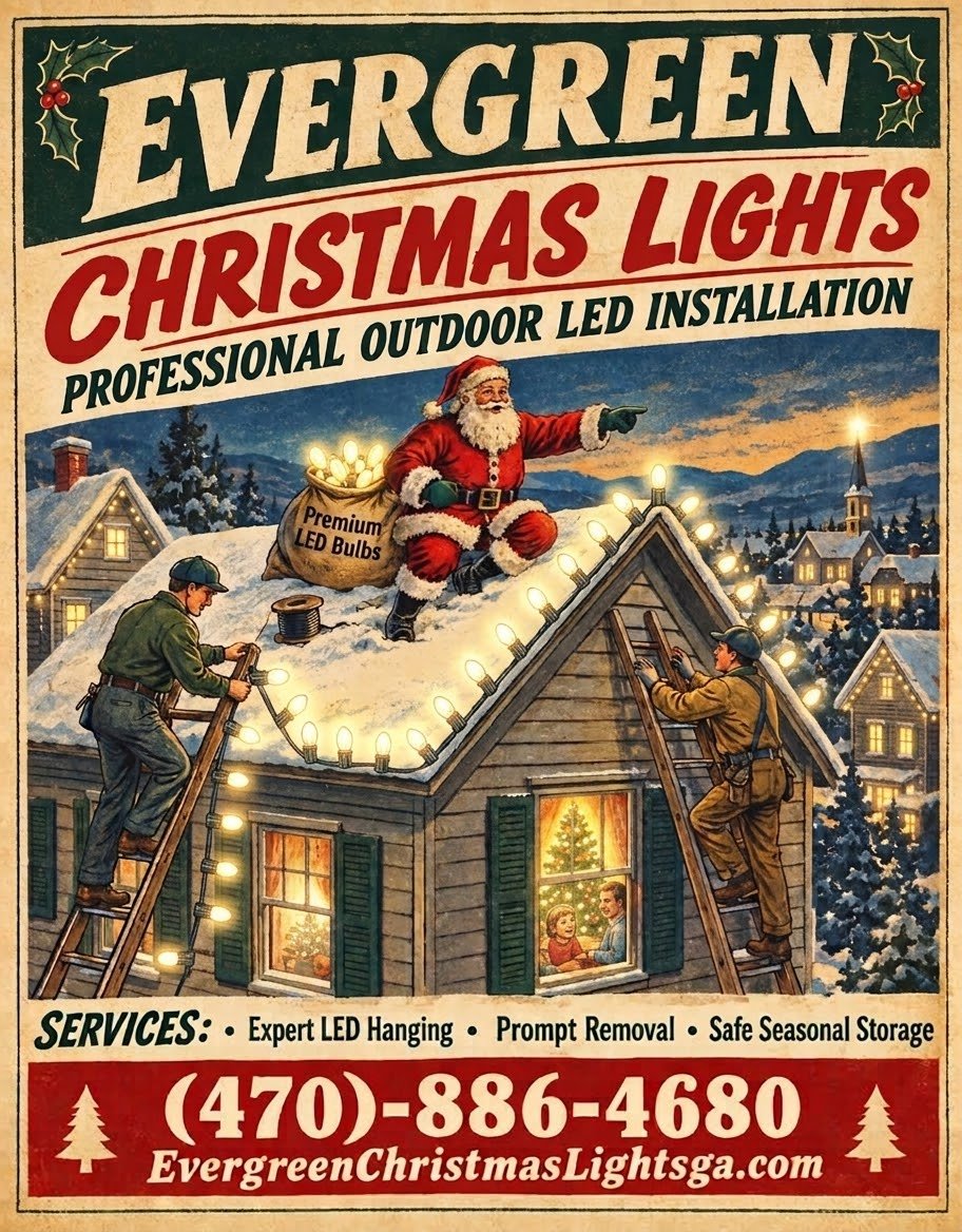 Vintage-style advertisement for Evergreen Christmas Lights, showing Santa on a roof with two workers installing outdoor LED string lights, with a snowy winter village scene in the background.