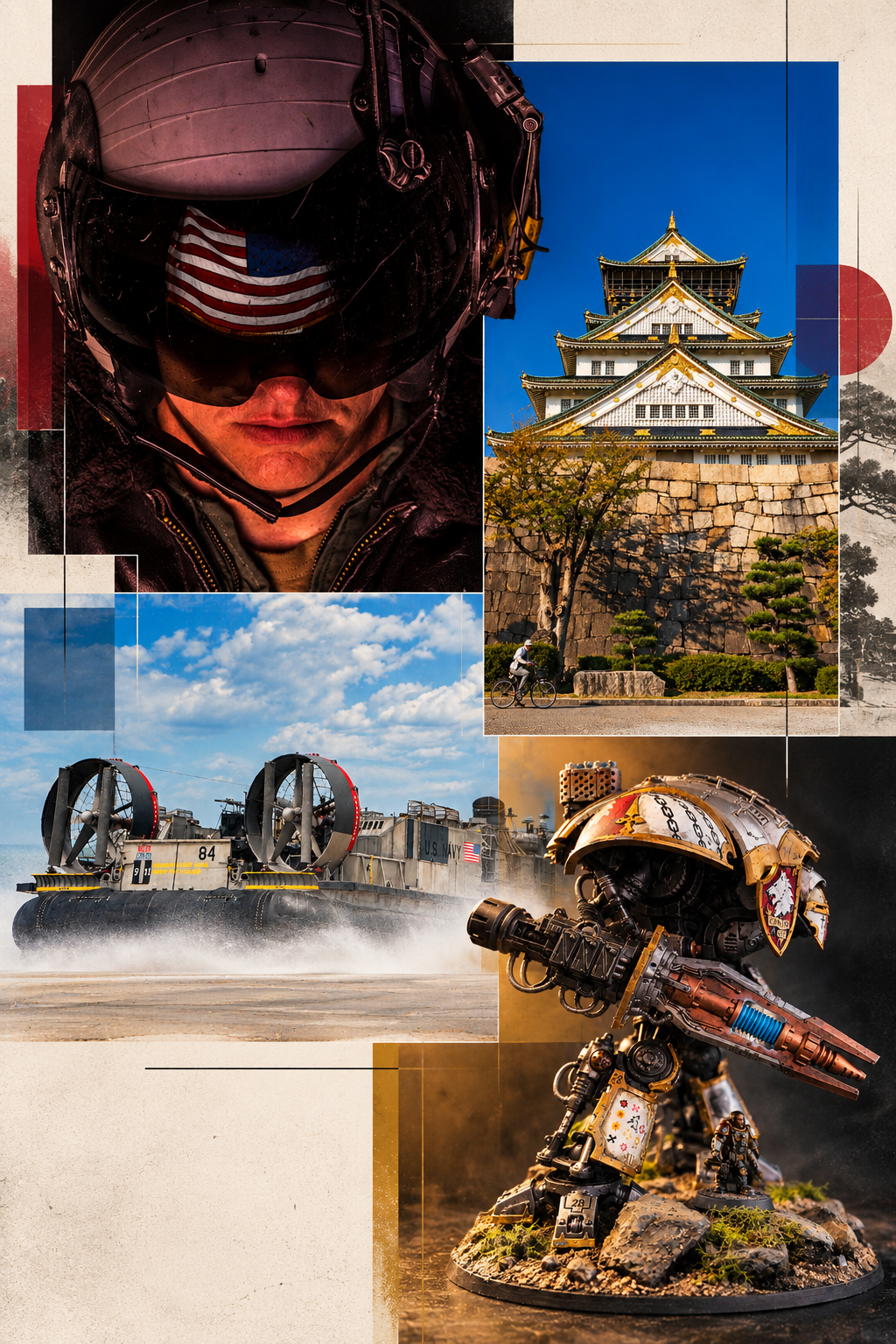 Collage of four images: a pilot wearing a helmet with an American flag reflection, a traditional Japanese castle, a U.S. Navy hovercraft on water, and a detailed model of a robot with a helmet and weapons.