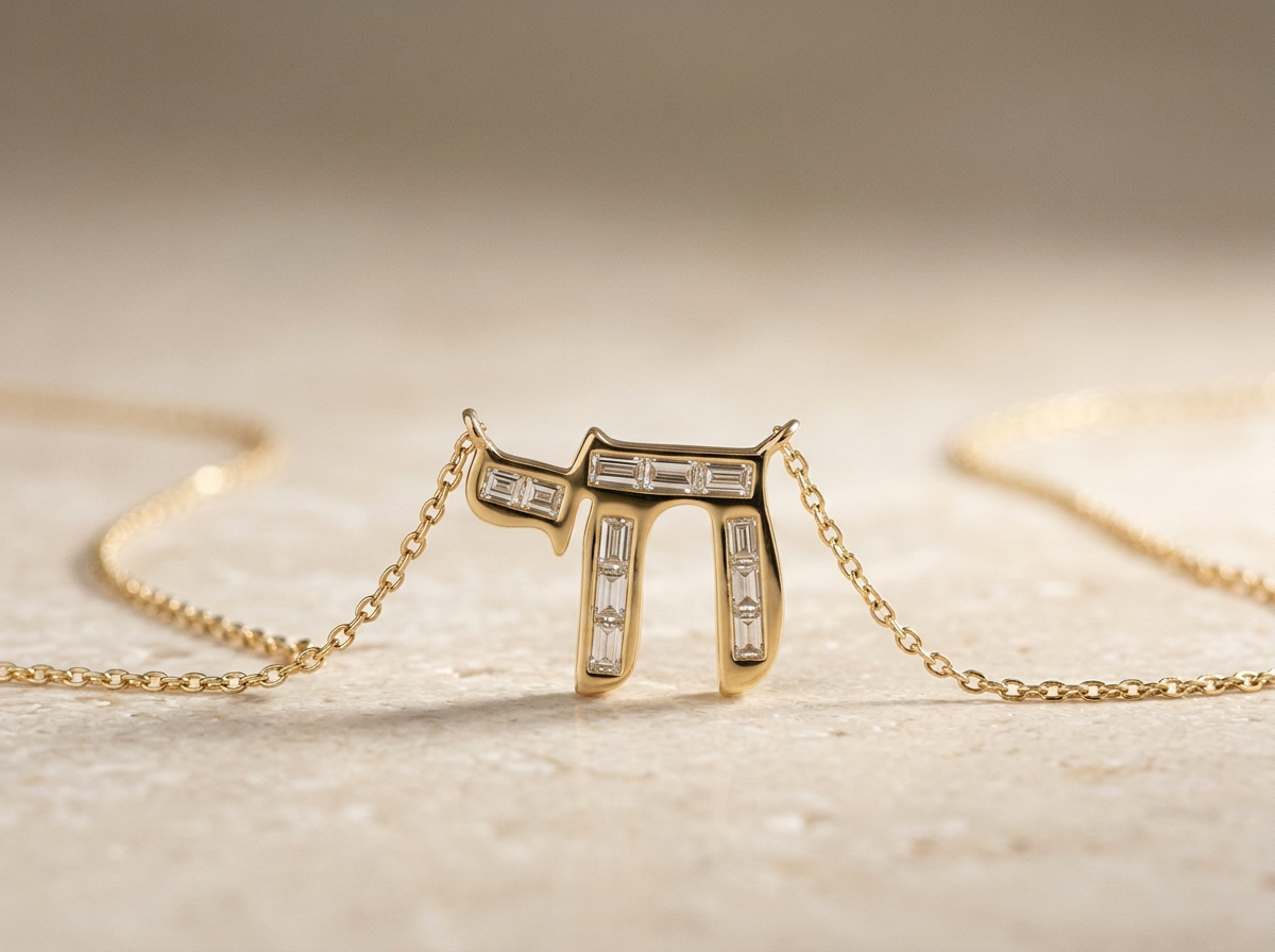 14K Yellow Gold Diamond Baguette Chai Pendant Necklace