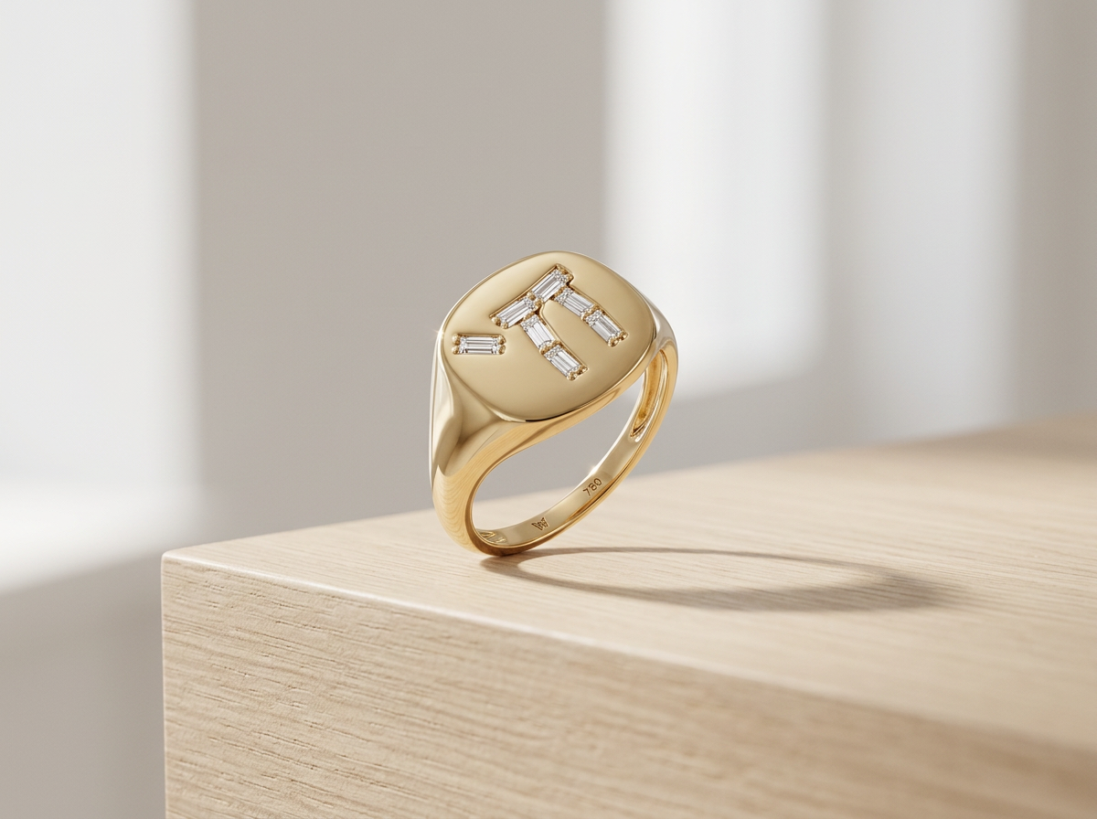 Yellow Gold Diamond Baguette Chai Signet Ring