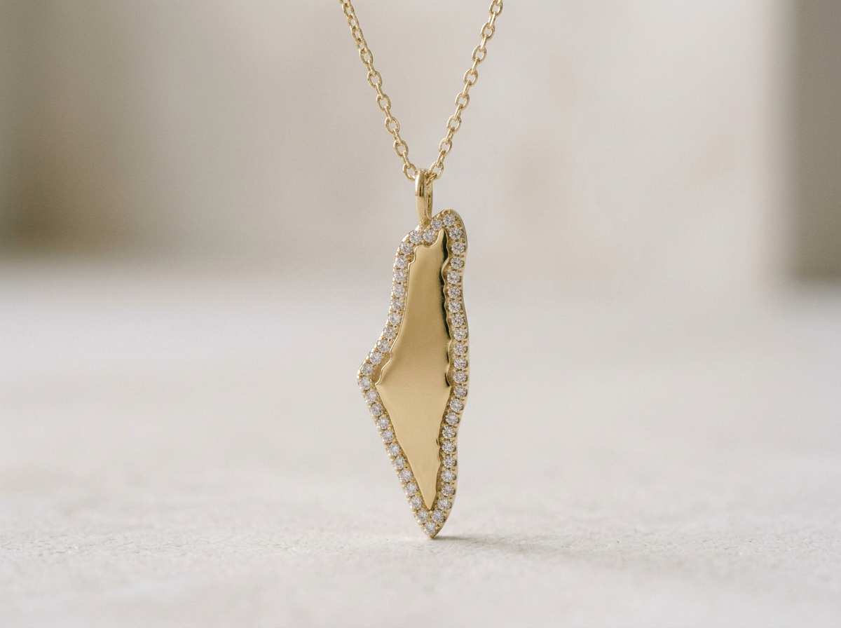 14K Yellow Gold Diamond Pavé Ridged Map of Israel Pendant Necklace