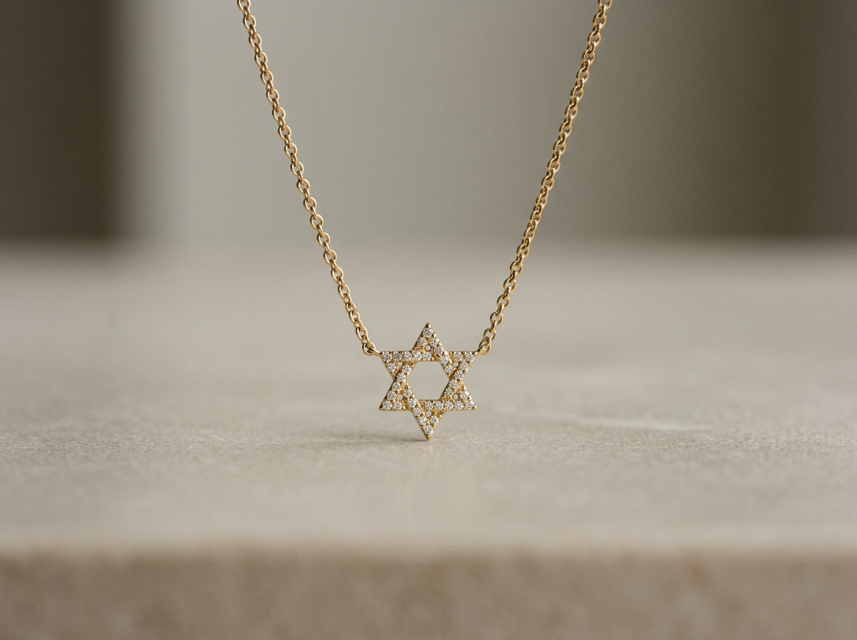 14K Yellow Gold Pavé Diamond Jewish Star Necklace