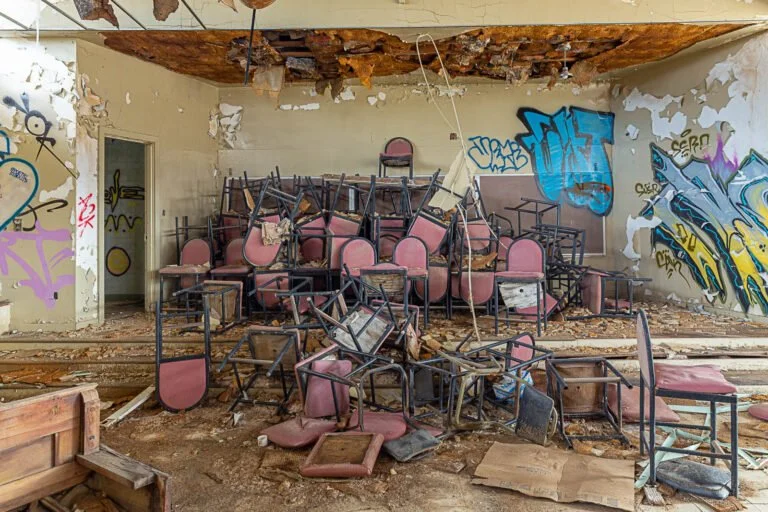 A room filled with overturned and broken chairs, debris, and graffiti on the walls, in an abandoned building.