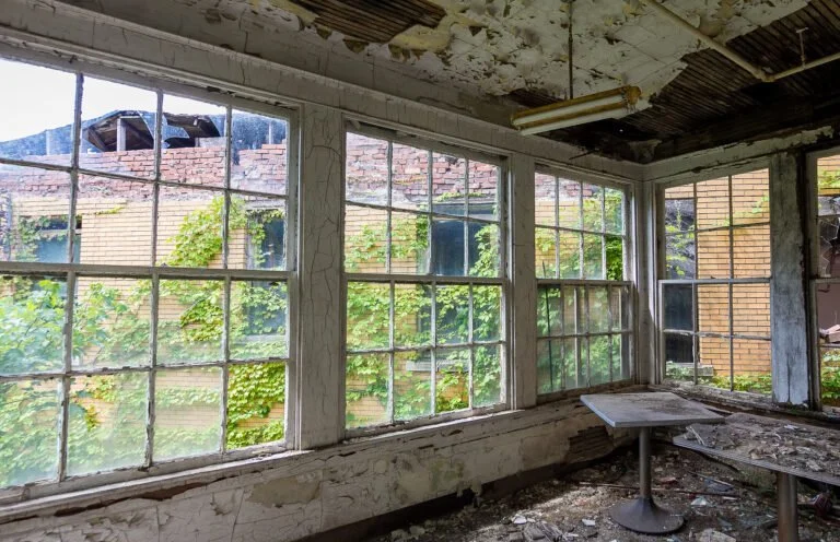 Dilapidated interior room with cracked walls, broken ceiling, and large multi-pane windows showing an overgrown outdoor area.
