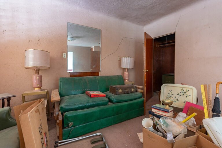 A cluttered living room with a green sofa, a mirror, two pink lamps on side tables, and various boxes and items scattered around.