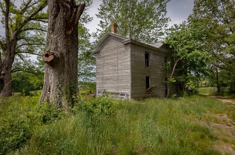 An old, abandoned two-story wooden house with peeling paint, surrounded by overgrown grass and trees, in a rural setting.