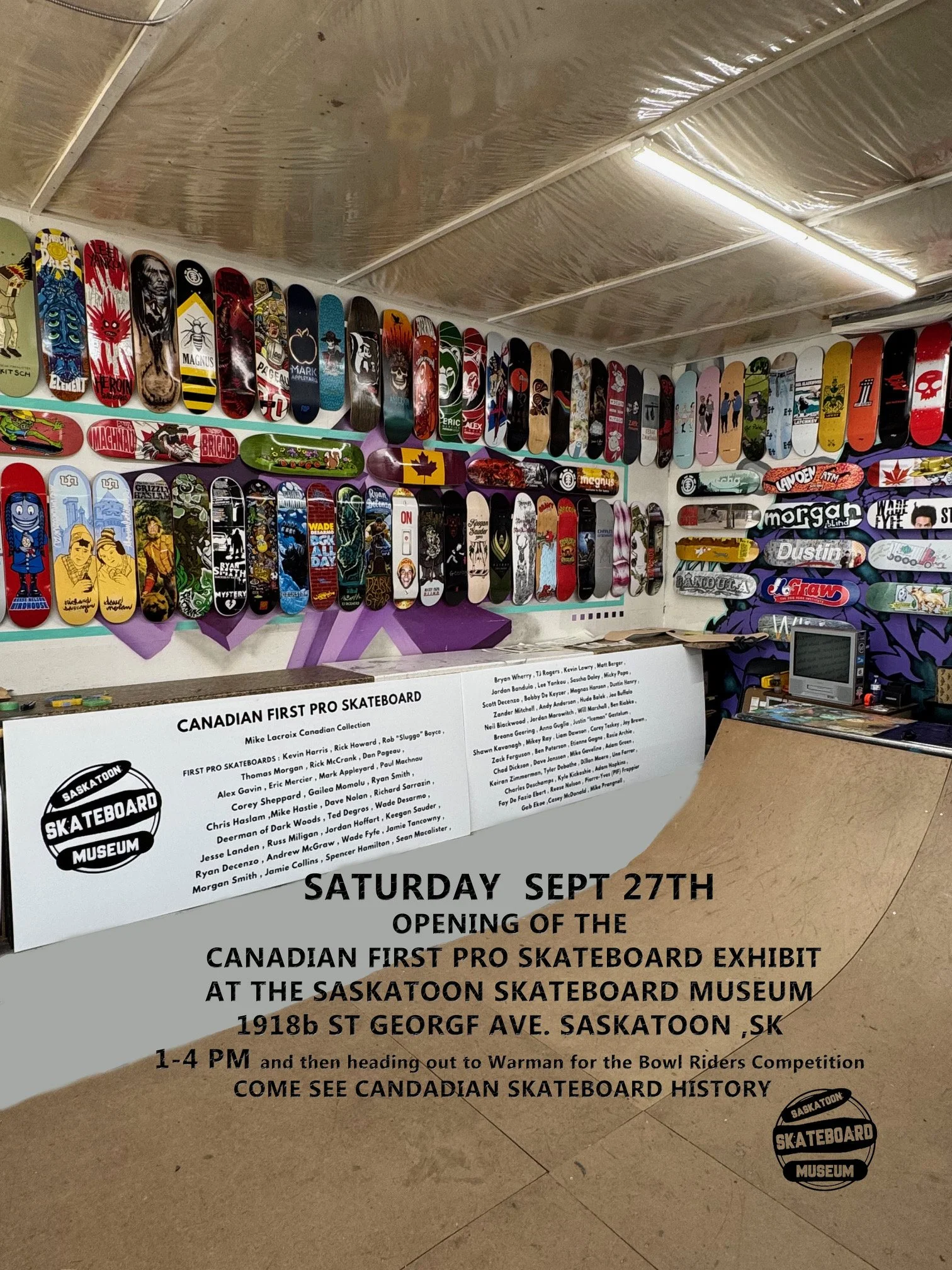 A wall covered with skateboard decks and a poster announcing an exhibit at the Saskatoon Skateboard Museum on Saturday, September 27th, from 1 to 4 pm, featuring Canadian skateboard history.