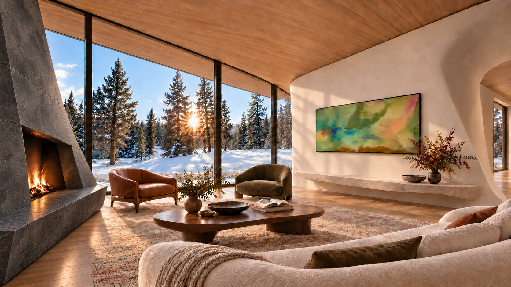 Concept rendering of a Haven living room with a large abstract painting, facing snow and pines