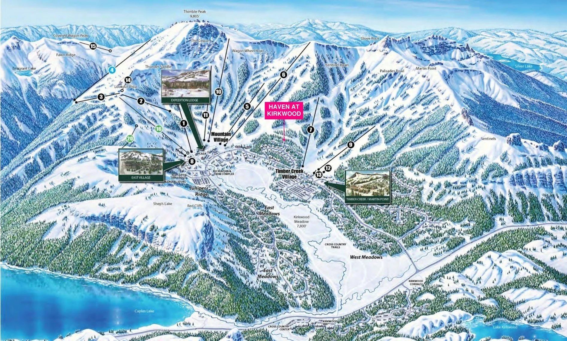 Illustrated map of the Kirkwood valley with Haven at Kirkwood marked above Timber Creek Village