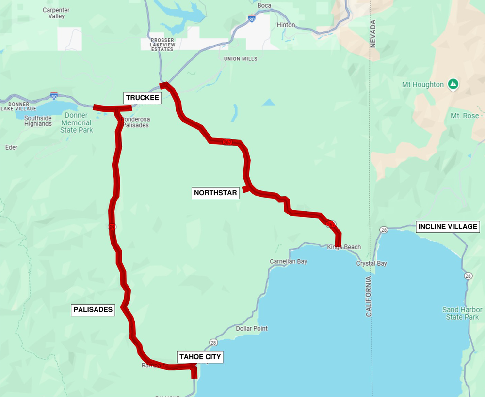 Map of North Lake Tahoe with congested highway routes marked in red