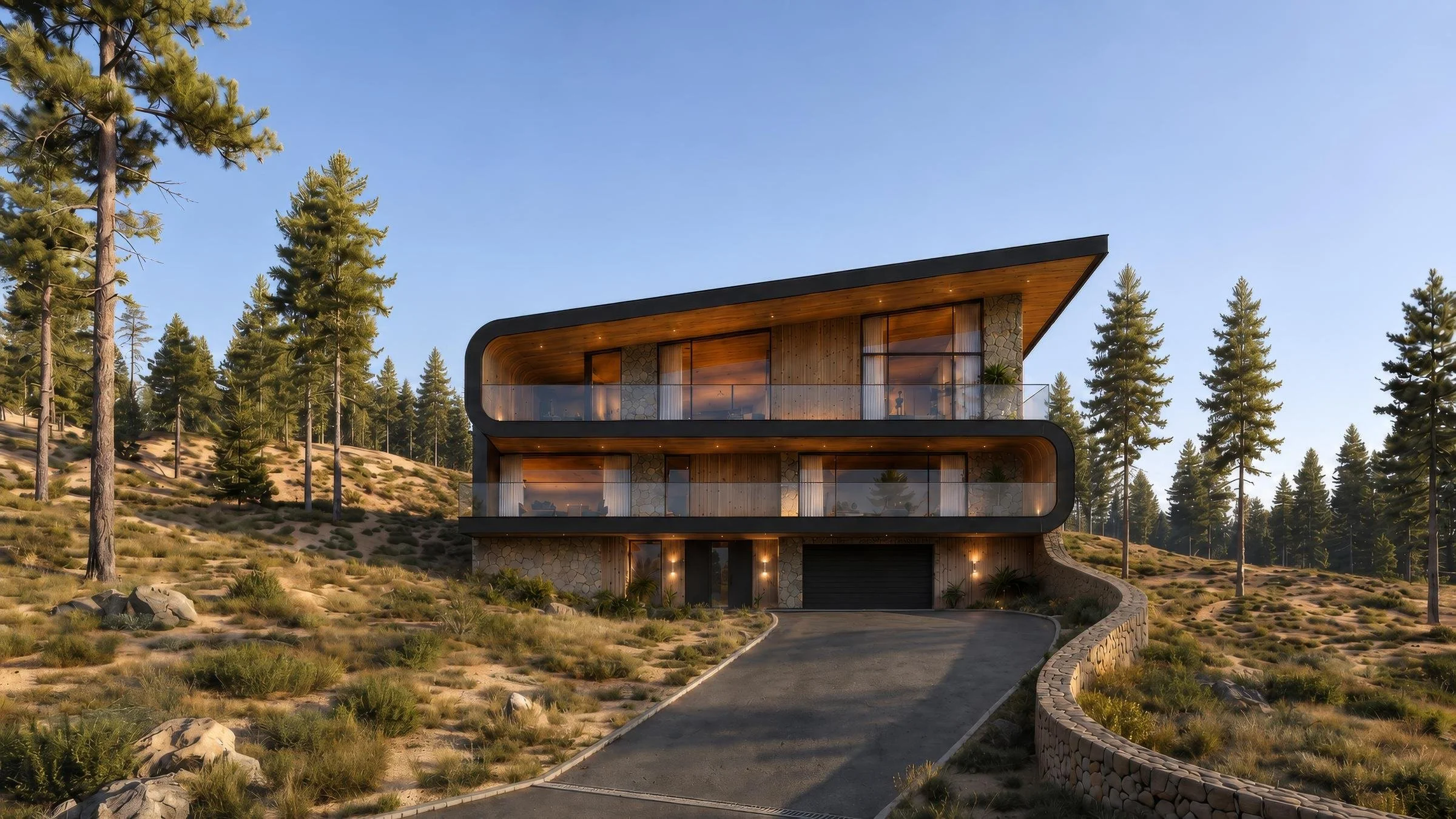 Rendering of a Haven home among pines, dark frame over timber and glass