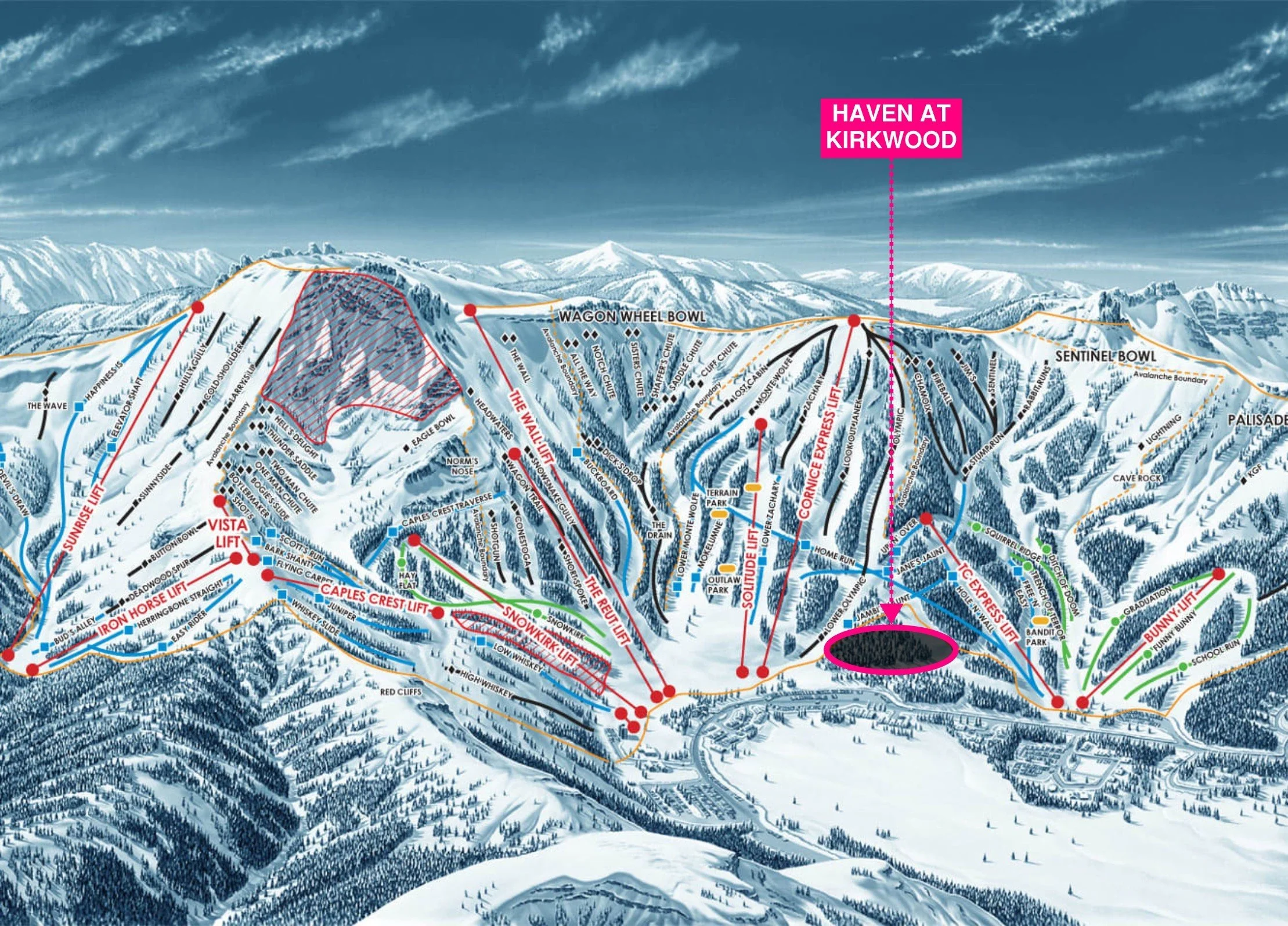 Kirkwood trail map with the Haven at Kirkwood site marked at the base of the mountain, between the Cornice Express and TC Express lifts