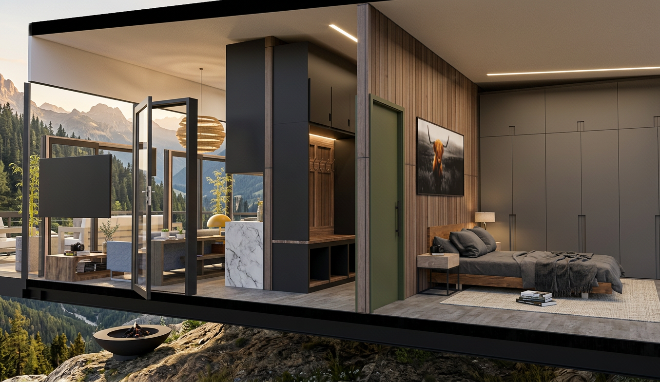 Cutaway render of the Ridgeline showing the living area, kitchen and bedroom, with mountains behind