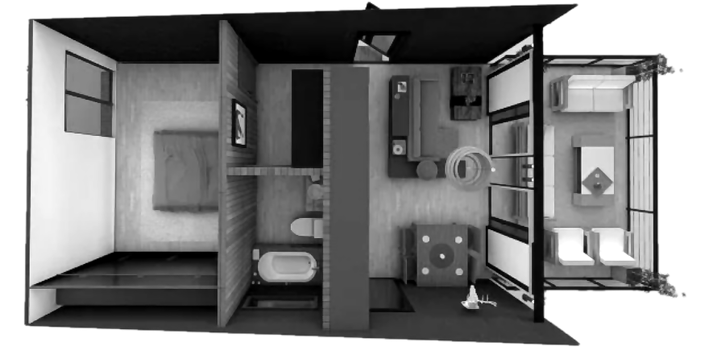 Top-down cutaway render of the Ridgeline: bedroom, bathroom, open-plan living and kitchen, and deck