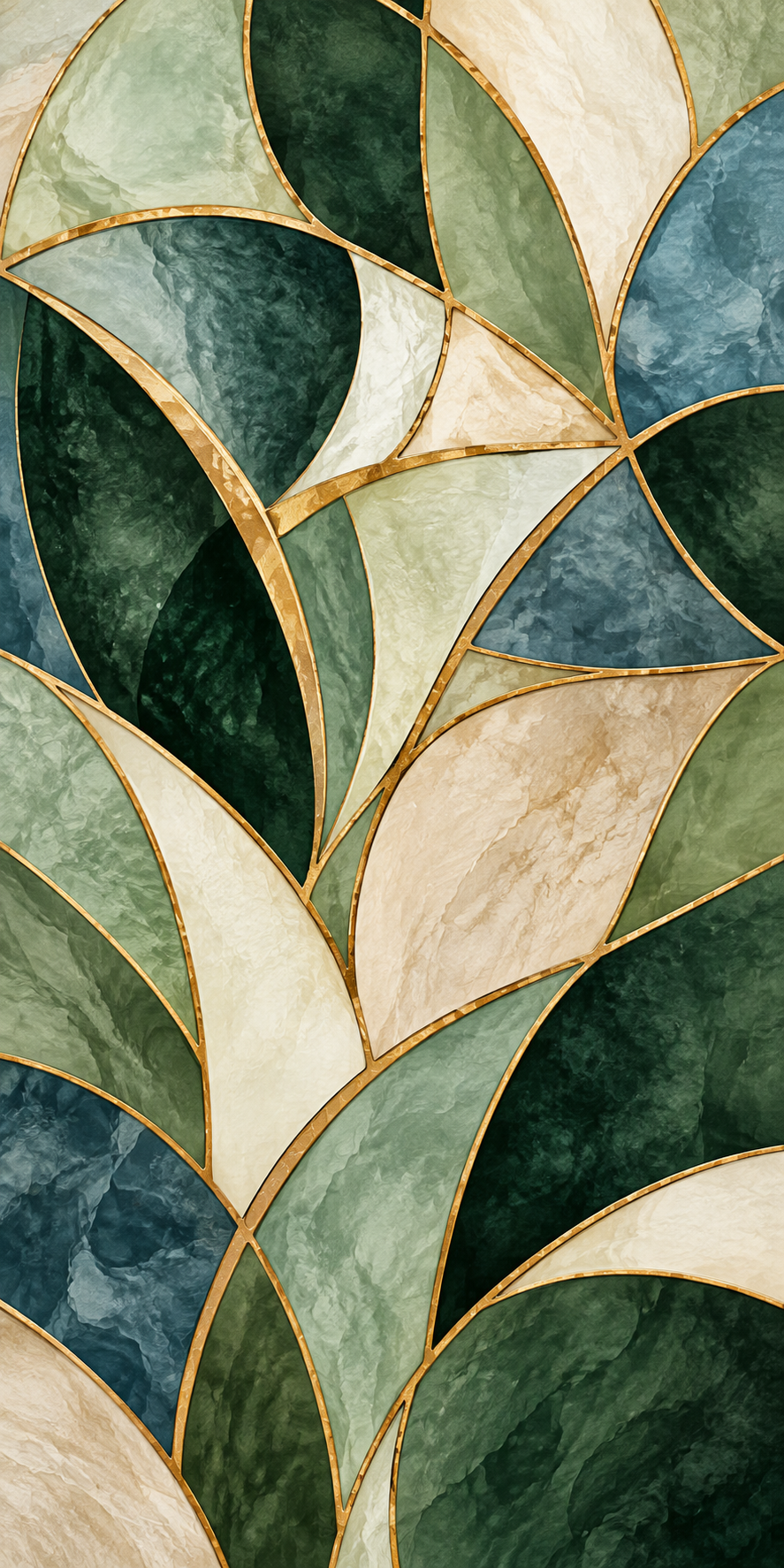 Close-up of a stained glass pattern with leaf shapes in shades of green, cream, and blue, outlined with gold.
