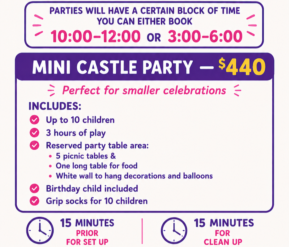 Advertisement for a mini castle birthday party package priced at $440, includes playtime for up to 10 children, reserved party area, birthday child, and grip socks, suitable for smaller celebrations, with specific booking times mentioned.