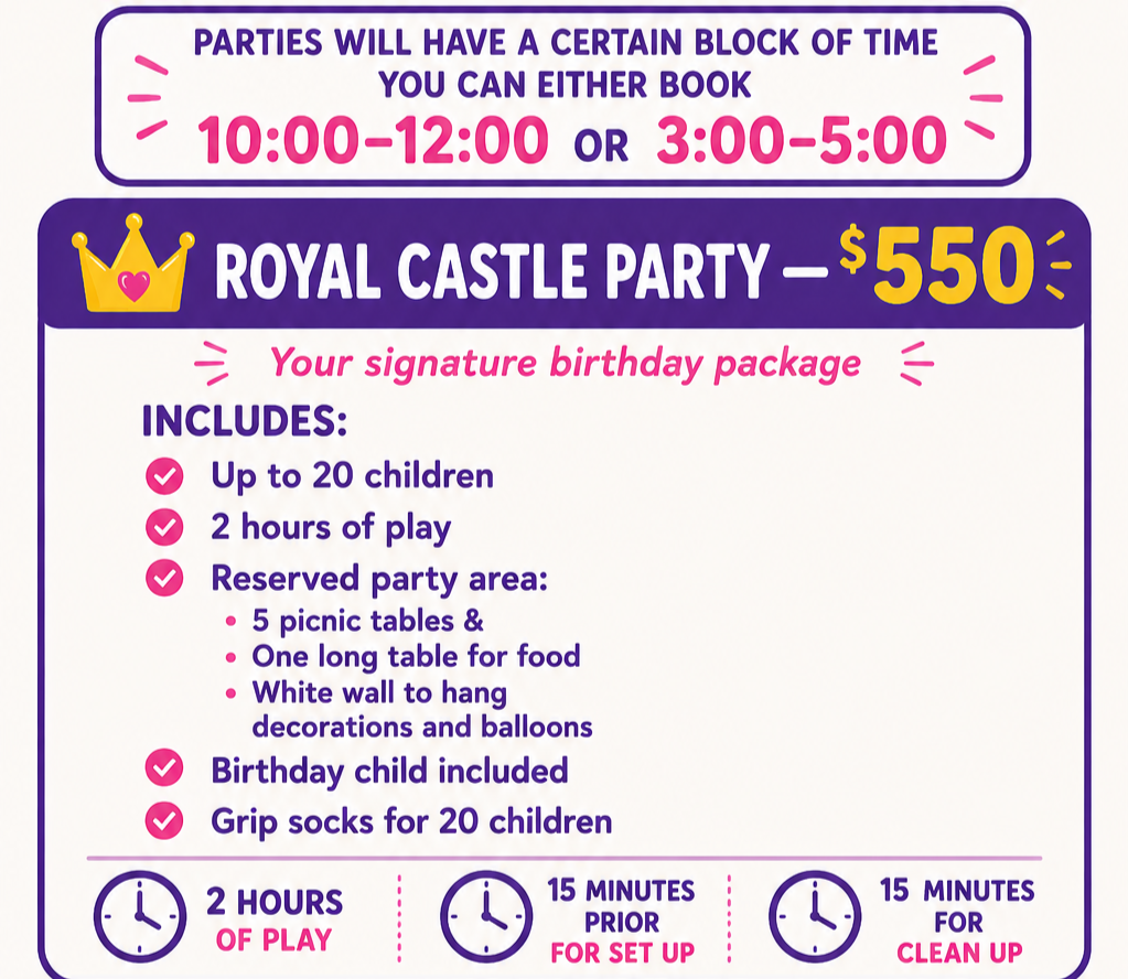 A promotional flyer for a Royal Castle birthday party package. It includes the party times, price, and details about the package, such as activities, reserved party area, and included items like grip socks and birthday child. The flyer also gives instructions for setup and cleanup times.
