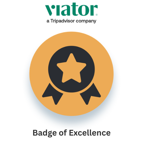 Viator logo with a badge of excellence icon and text