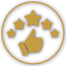 A gold thumbs-up symbol surrounded by five gold stars inside a black circular background.