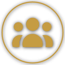 Icon of five abstract human figures in gold within a black circle.