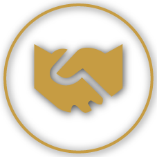 Gold handshake inside a gold circle on a black background