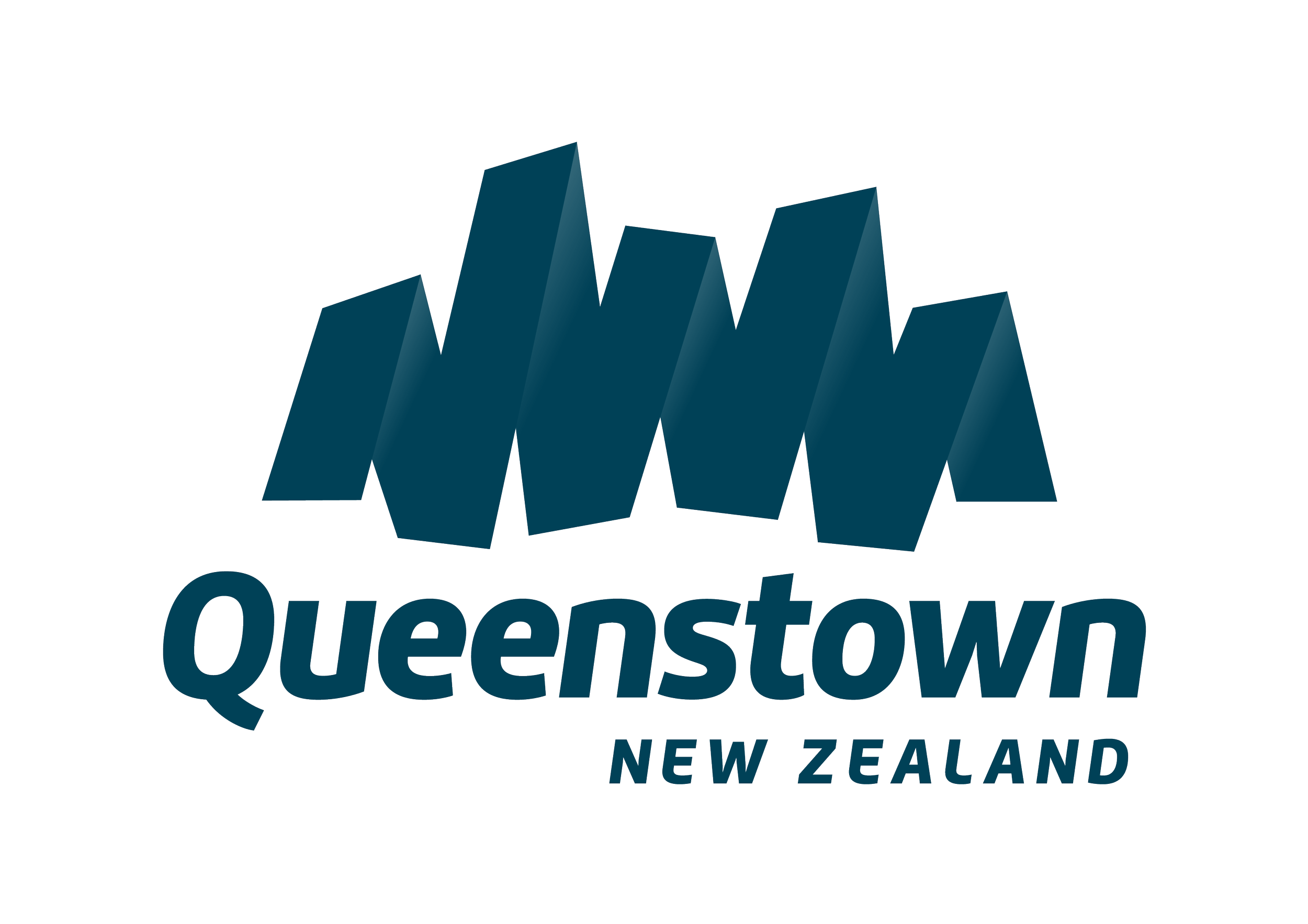 Logo for Queenstown, New Zealand with stylized mountain peaks and the text Queenstown New Zealand underneath.