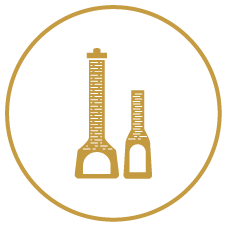 Two electronic vaping devices inside a gold circle on a black background.