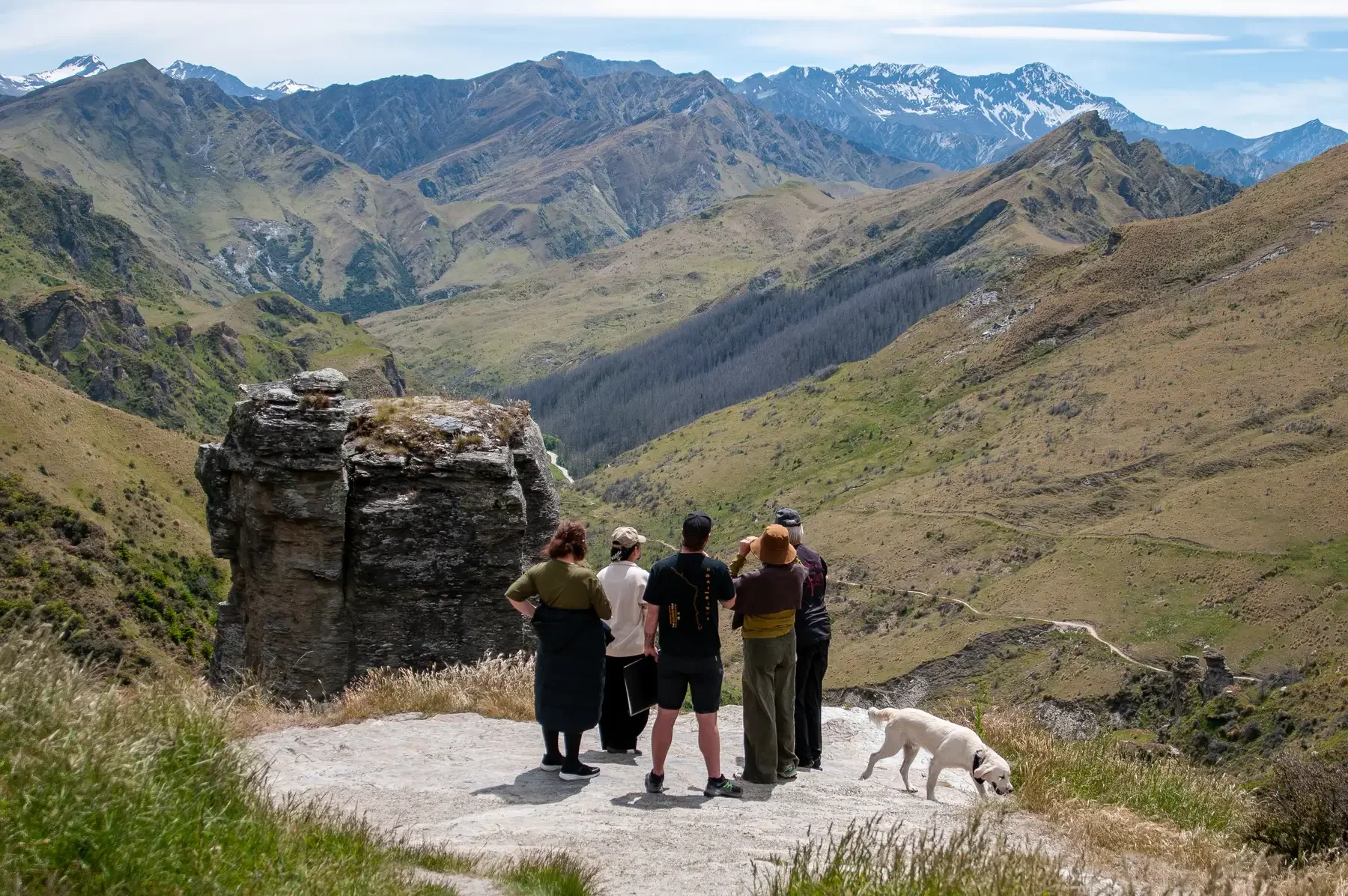 Group of five hikers standing on a mountain trail overlooking a green valley and distant snow-capped mountains, with a white dog sniffing the ground nearby.