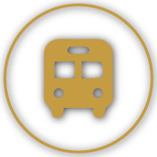 Icon of a train in a gold circle on a black background