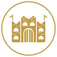 Gold-colored castle with flags on towers, set inside a circular border.