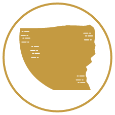 Golden bowl with a textured surface, inside a black circle.