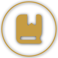 A black circular logo with a gold abstract castle or fortress symbol inside.