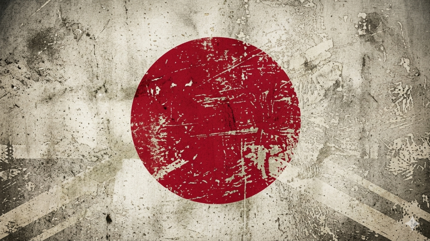 The image depicts a grungy, weathered wall with the Japanese flag painted on it. The flag features a red circle in the center with a distressed, scratched texture, against a background with multiple shades of gray and beige, showing signs of wear and peeling paint.