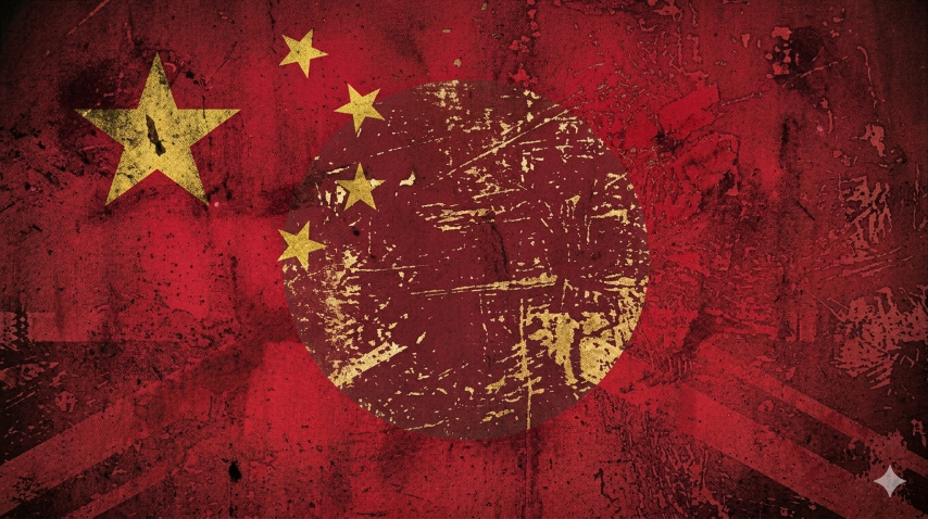 A grungy Chinese flag, featuring stars and yellow symbols on a distressed red background.