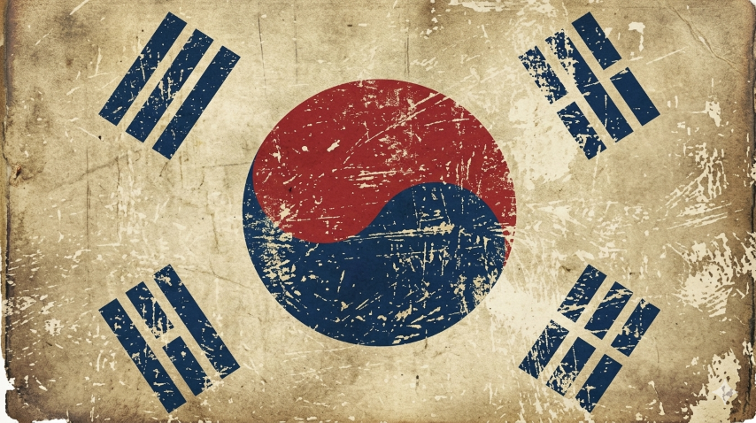 Vintage-style South Korea flag with distressed texture, showing a blue and red taegeuk in the center and four black trigrams around it on a weathered background.
