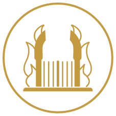 Stylized logo with two lion head silhouettes facing each other, separated by vertical bars, all enclosed in a gold circular border.