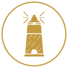 Golden lighthouse with light beams inside a circular border.