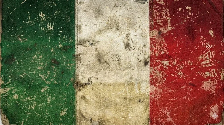 A distressed and weathered Italian flag with green, white, and red vertical stripes.